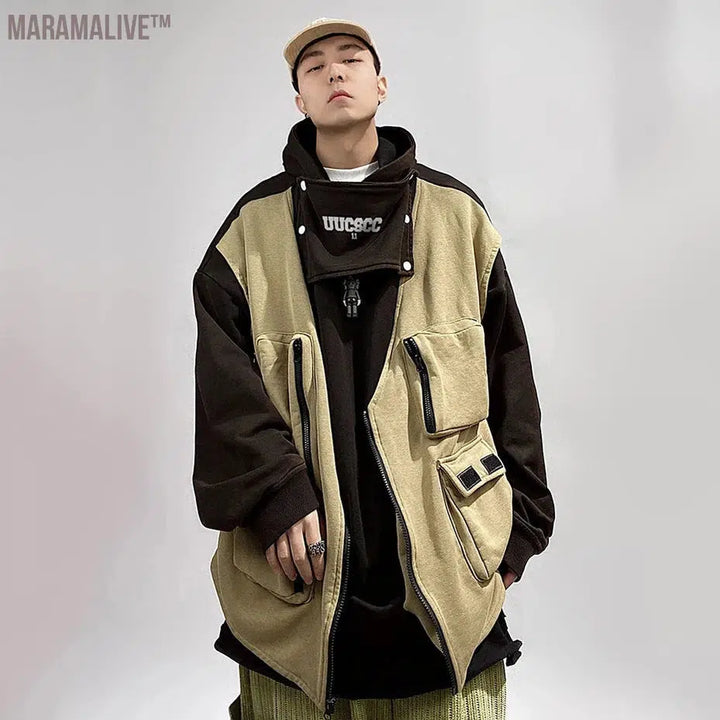 Hip Hop Hoodies Cargo Vest Fake Two Piece Oversized Harajuku Hoodie Fashion Function Techwear Sweatshirts Man's Streetwear