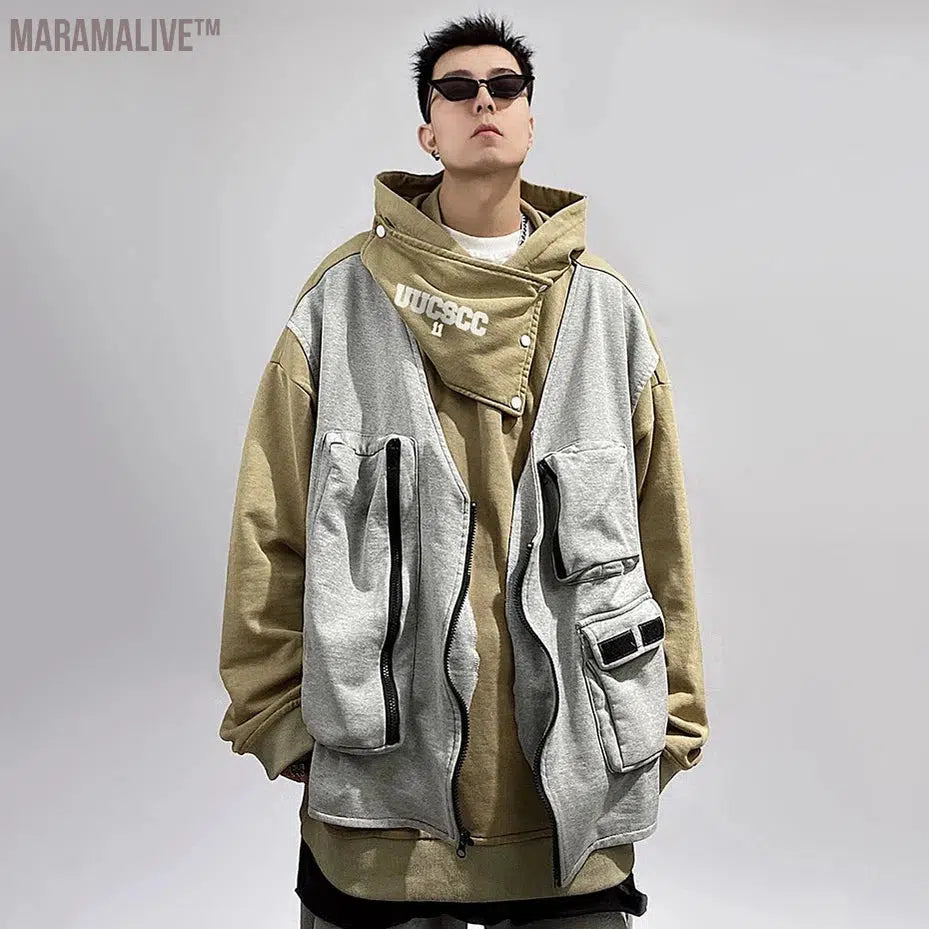 Hip Hop Hoodies Cargo Vest Fake Two Piece Oversized Harajuku Hoodie Fashion Function Techwear Sweatshirts Man's Streetwear