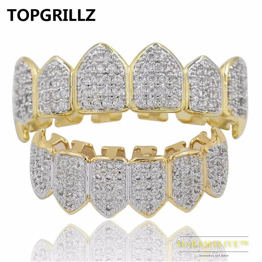 Hip Hop Iced Out AAA Zircon Fang Mouth Teeth Grillz Caps Top & Bottom Grill Set Men Women Vampire Grills