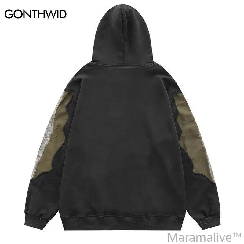 Hip Hop Men Hoodie Sweatshirt Y2K Embroidery Skeleton Skull Patch Punk Gothic Hooded Streetwear Casual Street Pullover