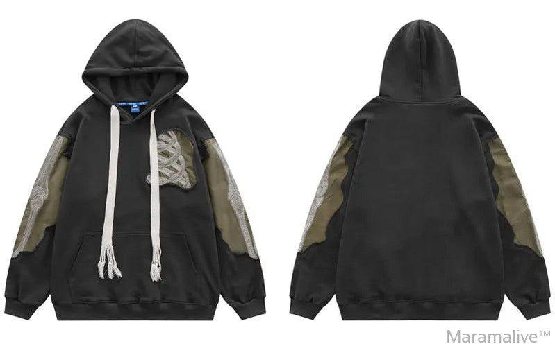 Hip Hop Men Hoodie Sweatshirt Y2K Embroidery Skeleton Skull Patch Punk Gothic Hooded Streetwear Casual Street Pullover