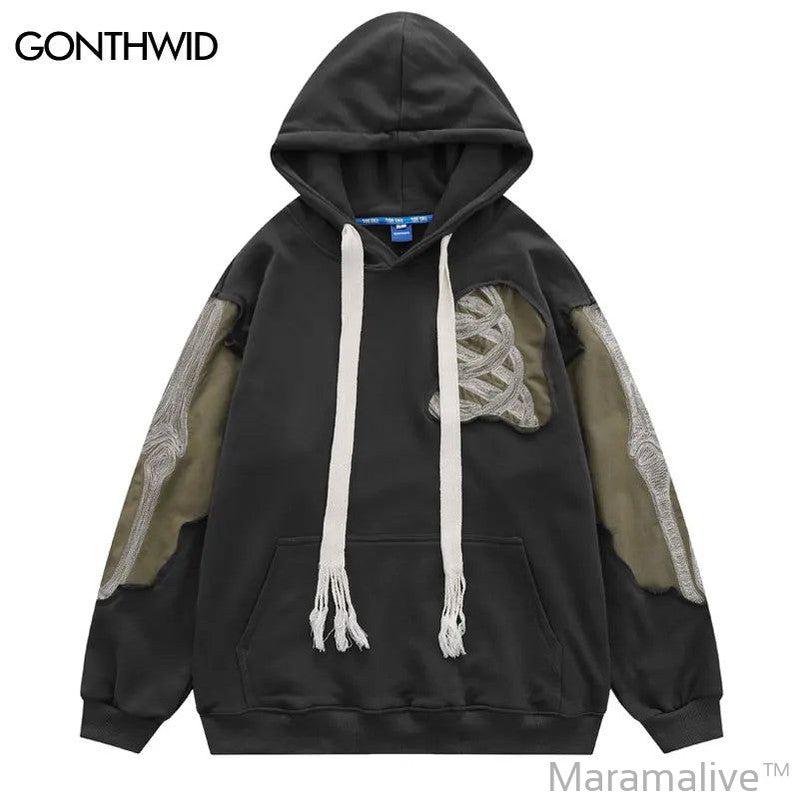 Hip Hop Men Hoodie Sweatshirt Y2K Embroidery Skeleton Skull Patch Punk Gothic Hooded Streetwear Casual Street Pullover