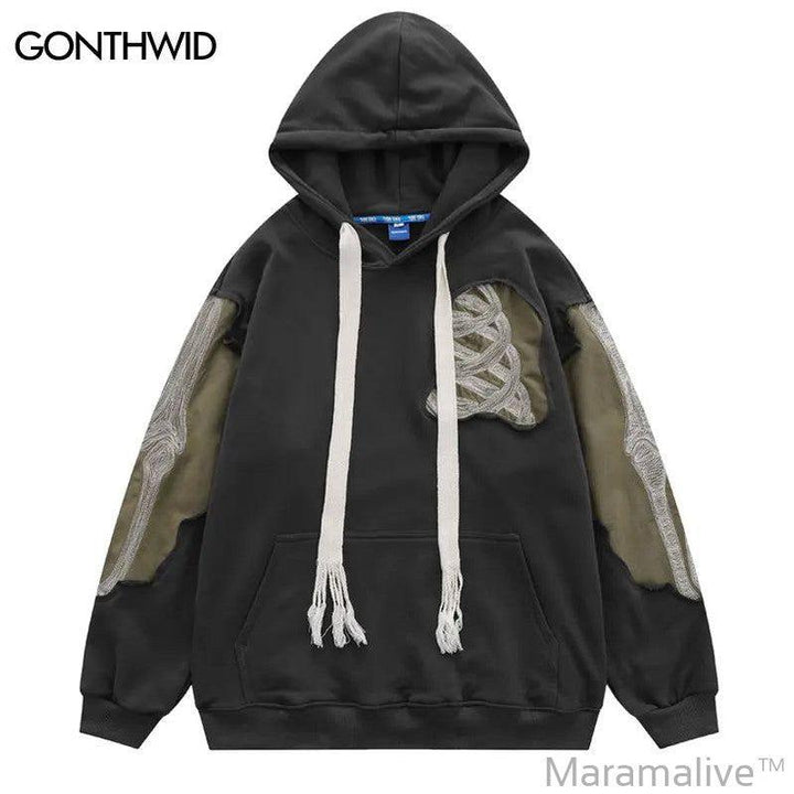 Hip Hop Men Hoodie Sweatshirt Y2K Embroidery Skeleton Skull Patch Punk Gothic Hooded Streetwear Casual Street Pullover