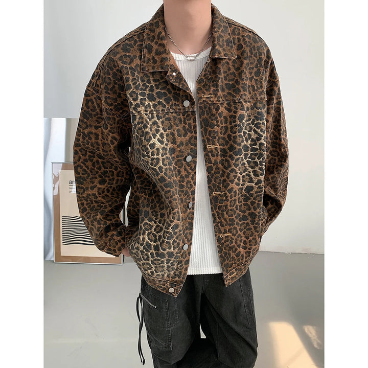 Hip Hop Men's Vintage Leopard Print Denim Jacket - 2024 Autumn Fashion Lapel Collar Zipper Coat - Clubwear Streetwear Holiday Jackets