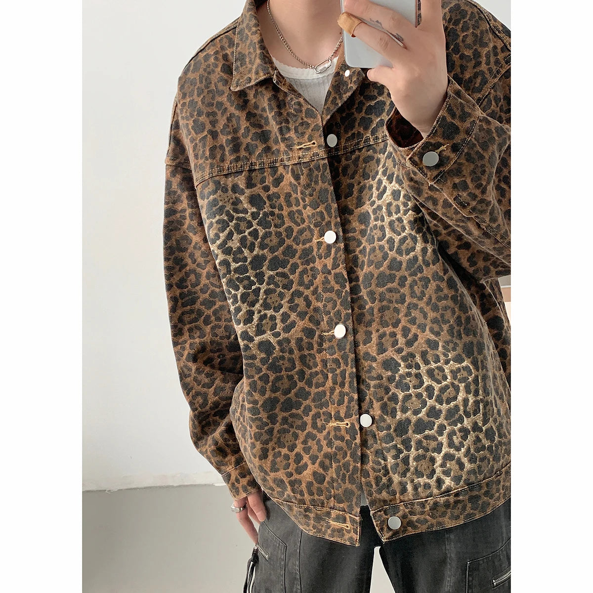 Hip Hop Men's Vintage Leopard Print Denim Jacket - 2024 Autumn Fashion Lapel Collar Zipper Coat - Clubwear Streetwear Holiday Jackets