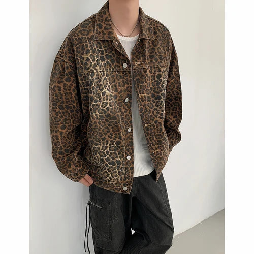 Hip Hop Men's Vintage Leopard Print Denim Jacket - 2024 Autumn Fashion Lapel Collar Zipper Coat - Clubwear Streetwear Holiday Jackets