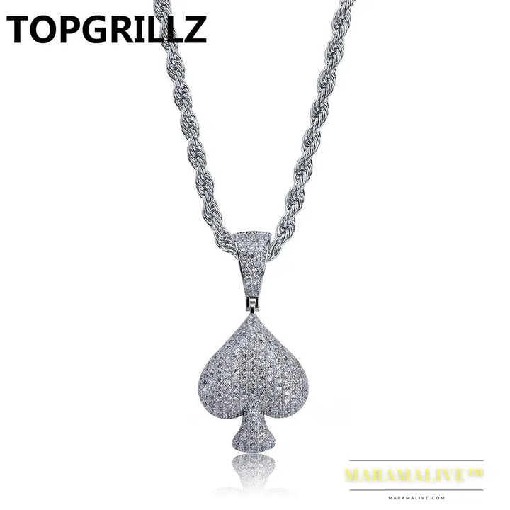 Hip Hop Poker Heart Necklace & Pendant With 4mm Tennis Chain Gold Silver Color Iced Out Cubic Zircon Men's Jewelry Gifts