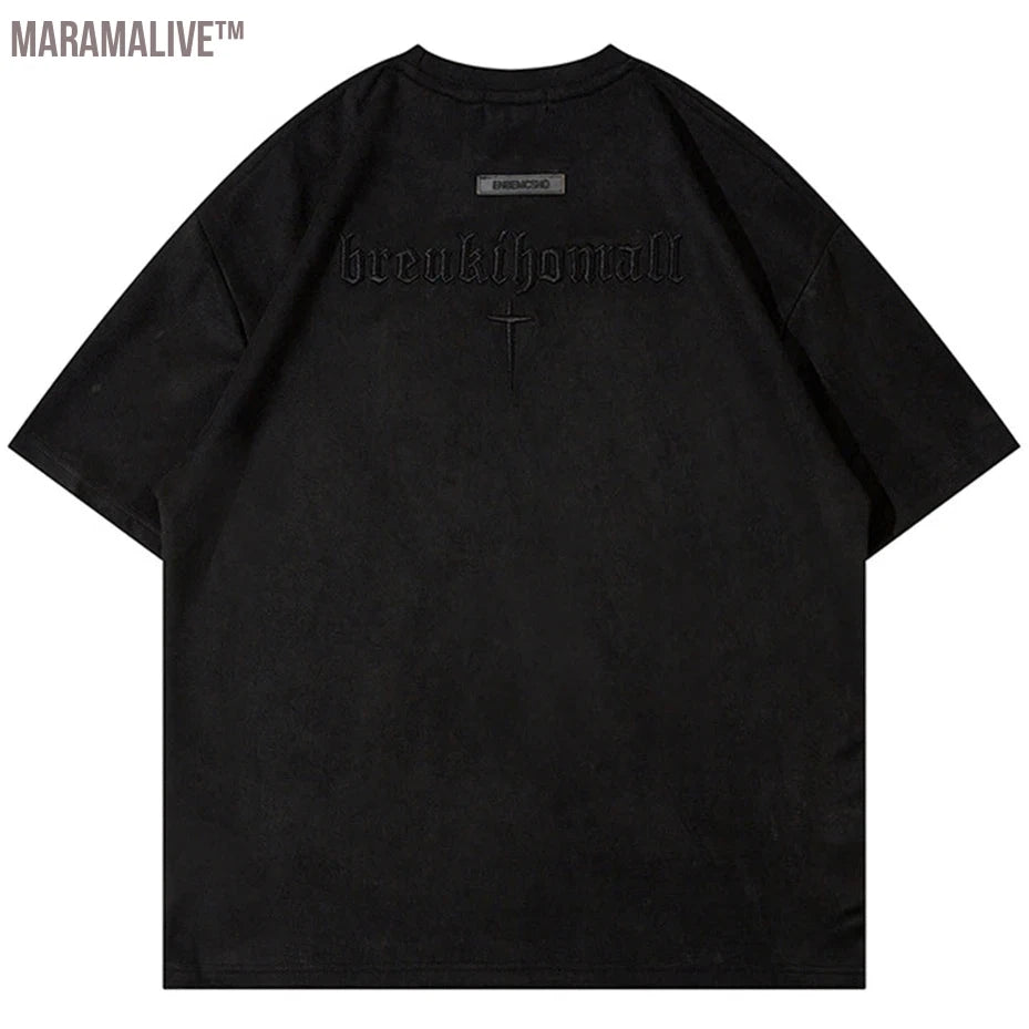 Hip Hop Suede T Shirts Letter Embroidery Oversized Harajuku Streetwear Tshirts 2023 Men Summer Loose Casual Tee Shirt Tops