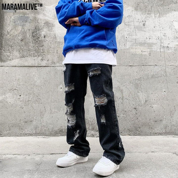 Hip-Hop Trousers with Ripped Denim & Lettering Embroidery