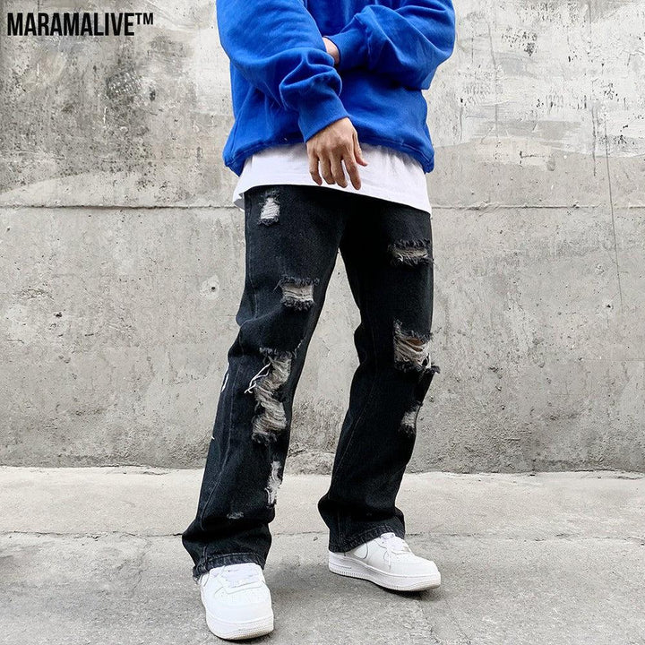 Hip-Hop Trousers with Ripped Denim & Lettering Embroidery