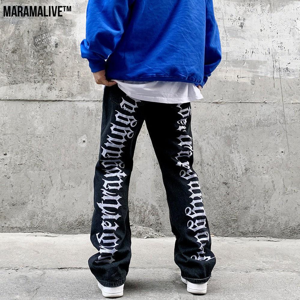 Hip-Hop Trousers with Ripped Denim & Lettering Embroidery