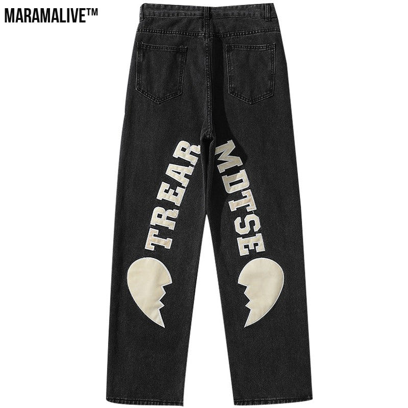 Hip-Hop Trousers with Ripped Denim & Lettering Embroidery