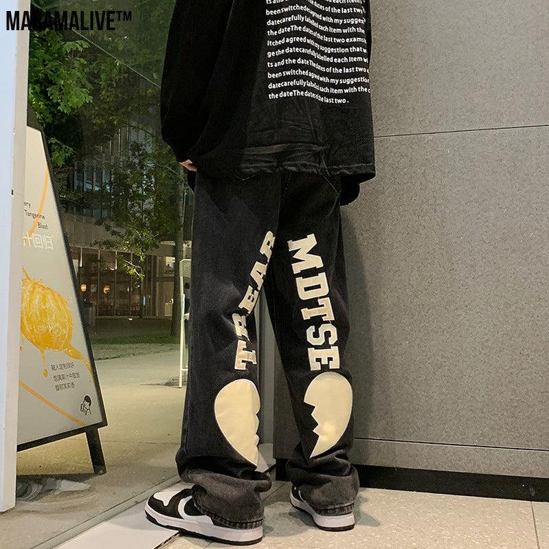 Hip-Hop Trousers with Ripped Denim & Lettering Embroidery