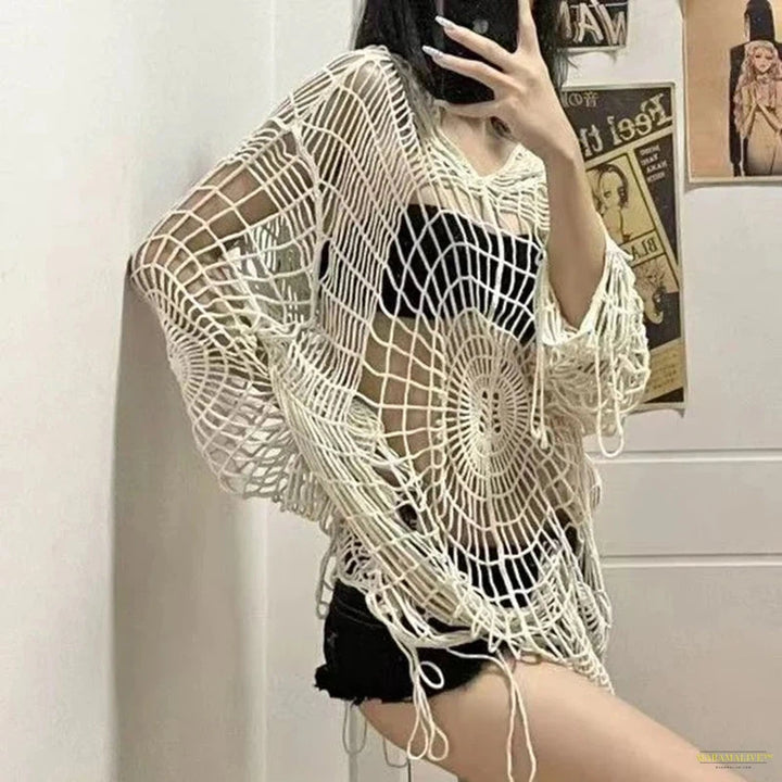 Hollow Knit Hooded Tops Women Goth Spider Web Spice Girl Mesh Pullovers Female Fashion Fishing Net Sweaters