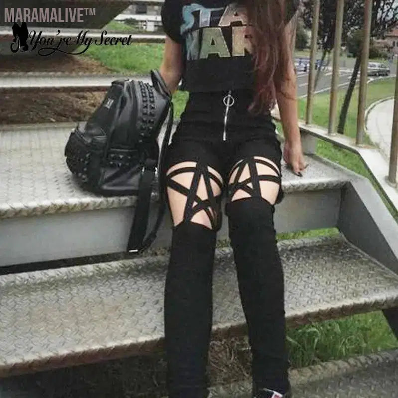 Hollow Out Pants Goth Sexy Pentagram Y2K Harajuku Grunge Black High Waist Elastic Trousers Punk Zipper Pants