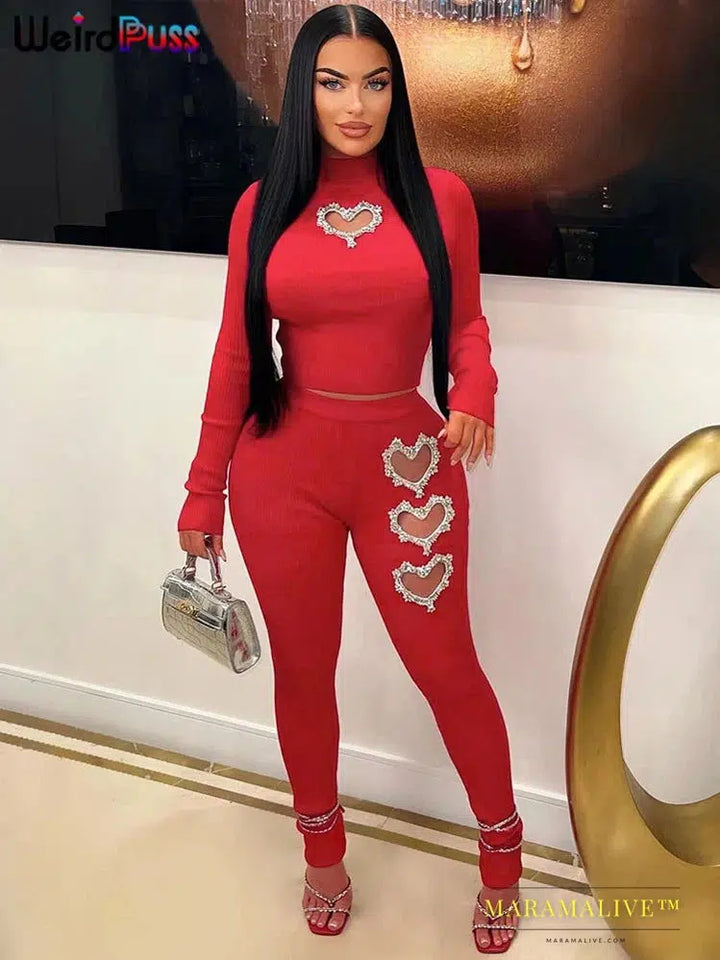 Hollow Women 2 Piece Set Rhinestones Rhines Ribbed Skinny Elastic Long Sleeve Crop Tops+Leggings Matching Streetwear