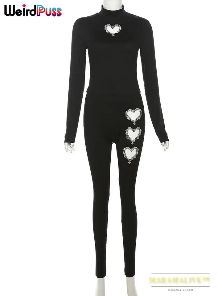 Hollow Women 2 Piece Set Rhinestones Rhines Ribbed Skinny Elastic Long Sleeve Crop Tops+Leggings Matching Streetwear