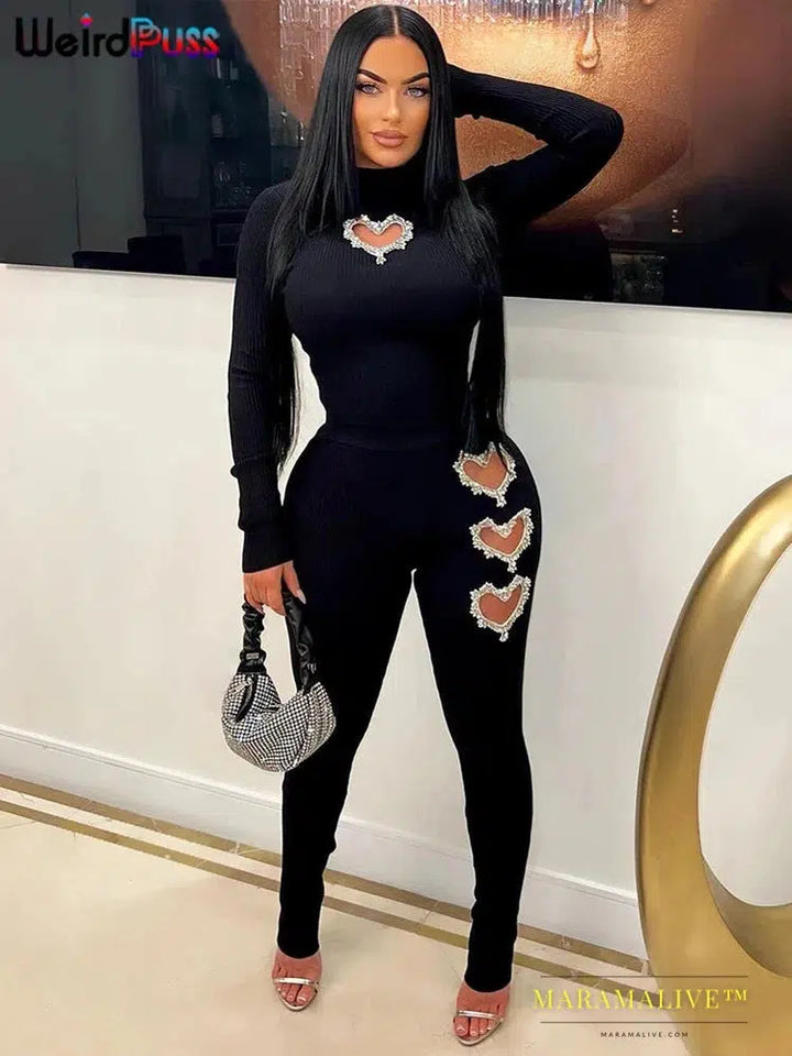 Hollow Women 2 Piece Set Rhinestones Rhines Ribbed Skinny Elastic Long Sleeve Crop Tops+Leggings Matching Streetwear