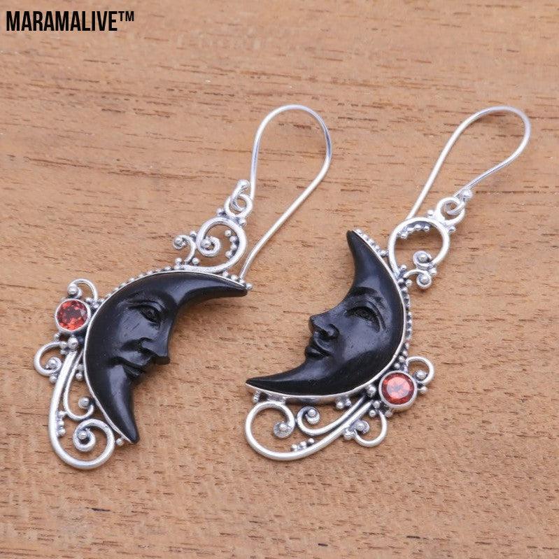 Hollowed Fashion Carved Gem Black Moon Earrings