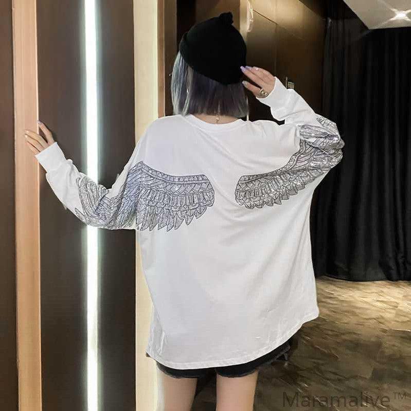 Hot Diamond Mid-Length T-Shirt Women Long Sleeves