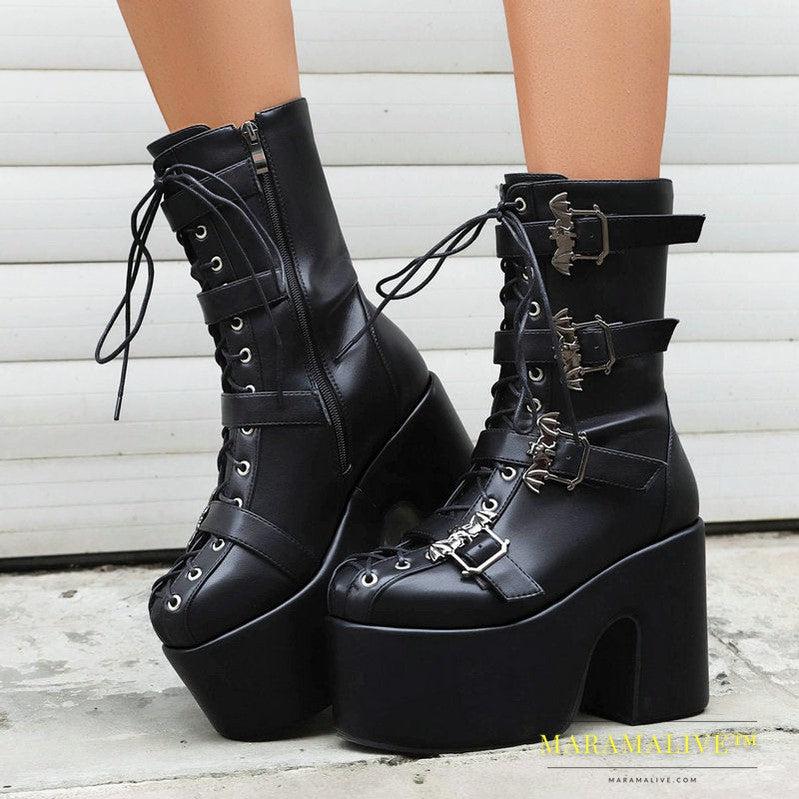 Hot Girl Punk Platform Boots Women's Round Head Gothic Muffin Bottom Tall Knight Boots