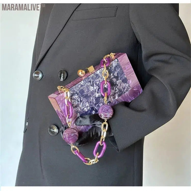 Hot Purple Pearl Acrylic Evening Flap Messenger Shoulder Cross Body Handbag Female Mini Lady Bag Luxury Party Purse Wallet