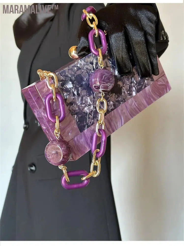 Hot Purple Pearl Acrylic Evening Flap Messenger Shoulder Cross Body Handbag Female Mini Lady Bag Luxury Party Purse Wallet