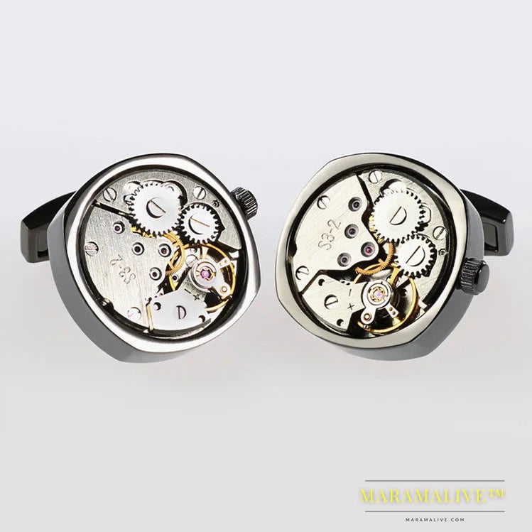 Hot Watch Movement Cufflinks of immovable Lepton Stainless Steel Can't Move Steampunk Gear Watch Mechanism Cufflinks for Mens