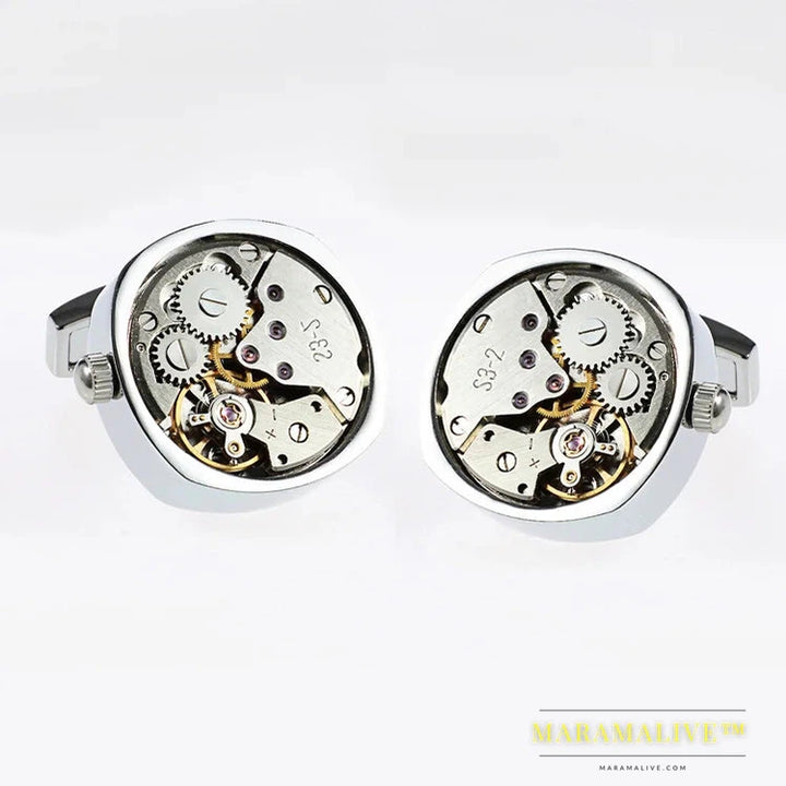 Hot Watch Movement Cufflinks of immovable Lepton Stainless Steel Can't Move Steampunk Gear Watch Mechanism Cufflinks for Mens