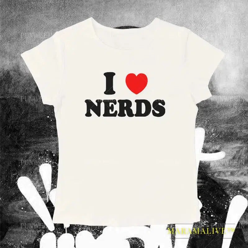 I Love Nerds Letter Goth T-shirt Women Short sleeved Tops US Street Sexy Crop Tops Slim Emo Baby Tees Y2K Clothes