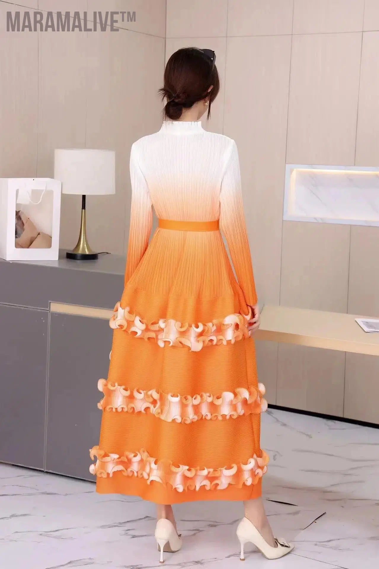 IF Belt Pleated Women Cake Dress Fashion Round Neck Gradient Elegant Dress Women 2024 New Maxi Vestidos