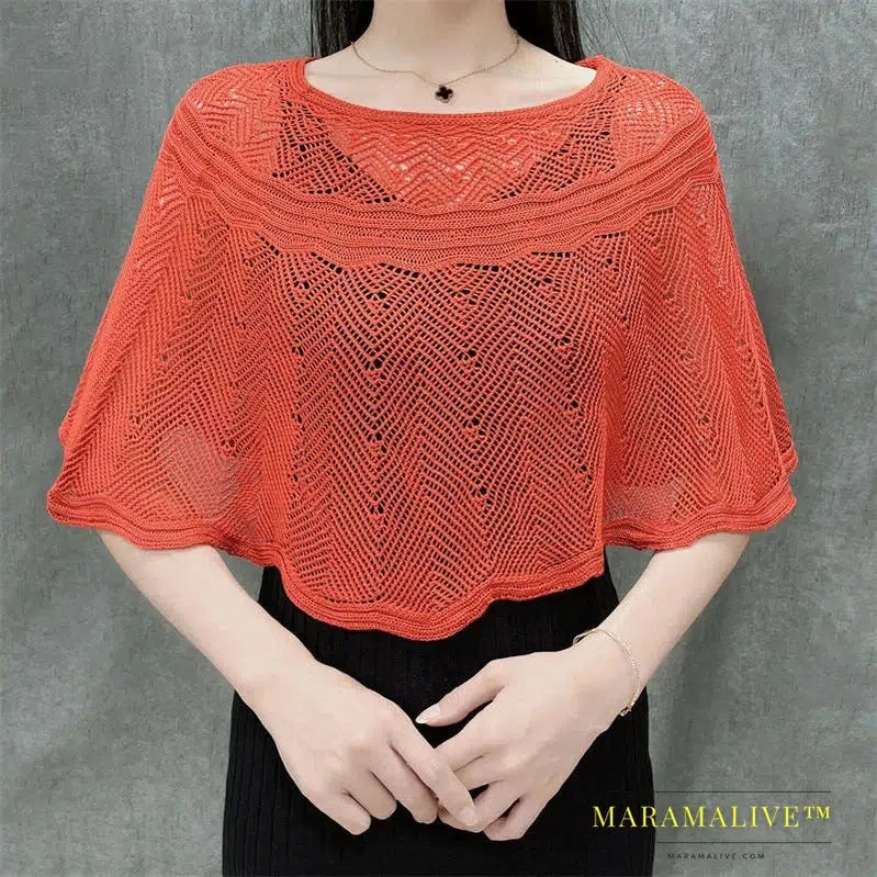 Ice Silk Hollow Knit Sunscreen Shawl Female Summer Air Conditioning Neck Protection Pullover Knit Blouse Women's Cape