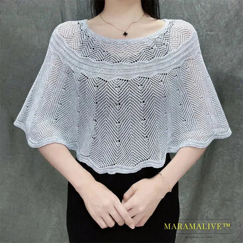 Ice Silk Hollow Knit Sunscreen Shawl Female Summer Air Conditioning Neck Protection Pullover Knit Blouse Women's Cape