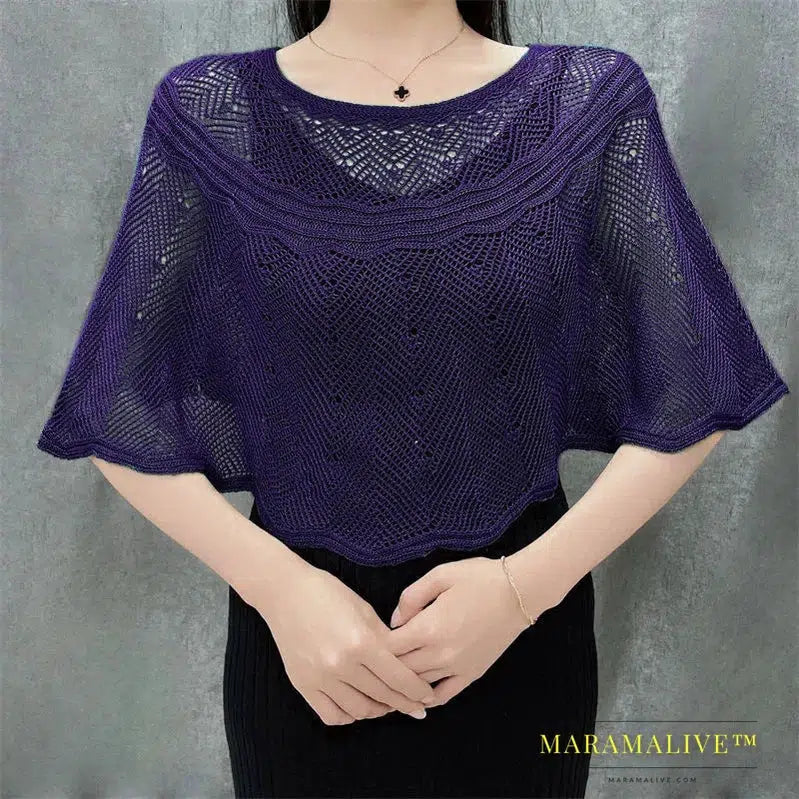 Ice Silk Hollow Knit Sunscreen Shawl Female Summer Air Conditioning Neck Protection Pullover Knit Blouse Women's Cape