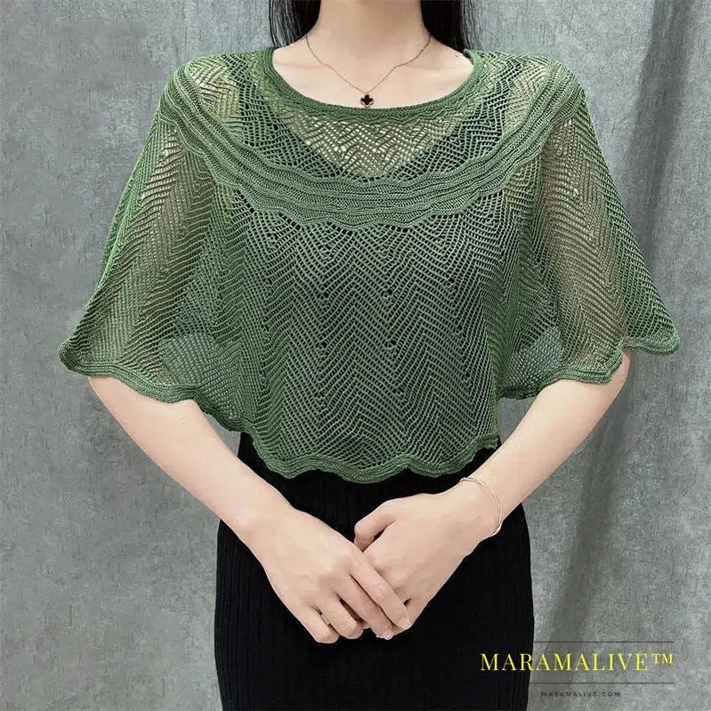 Ice Silk Hollow Knit Sunscreen Shawl Female Summer Air Conditioning Neck Protection Pullover Knit Blouse Women's Cape