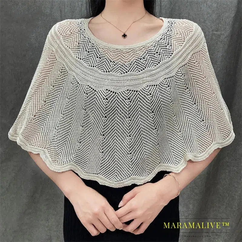 Ice Silk Hollow Knit Sunscreen Shawl Female Summer Air Conditioning Neck Protection Pullover Knit Blouse Women's Cape