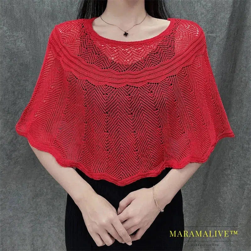 Ice Silk Hollow Knit Sunscreen Shawl Female Summer Air Conditioning Neck Protection Pullover Knit Blouse Women's Cape