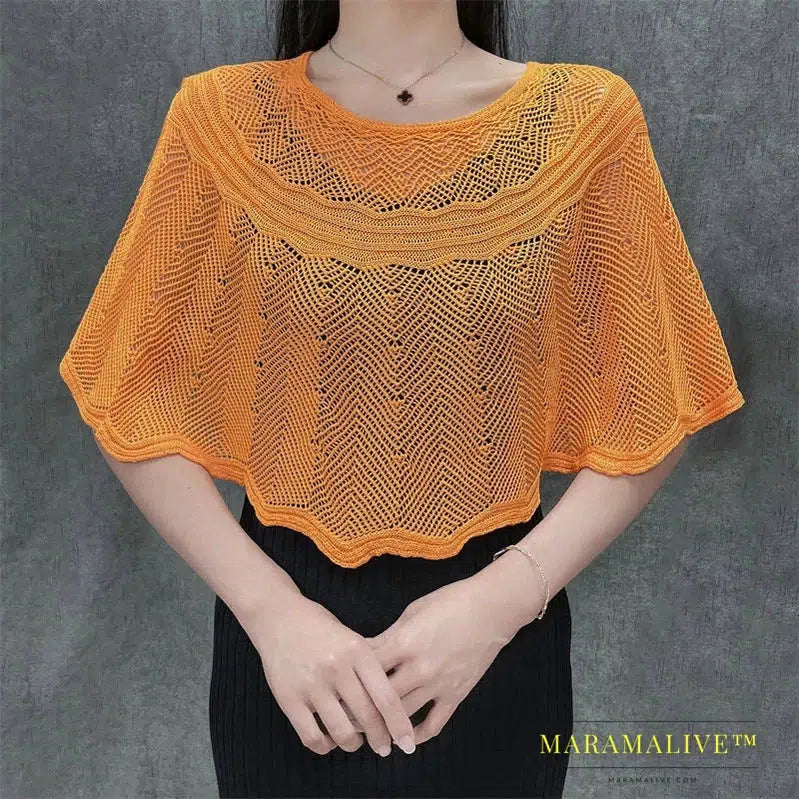 Ice Silk Hollow Knit Sunscreen Shawl Female Summer Air Conditioning Neck Protection Pullover Knit Blouse Women's Cape