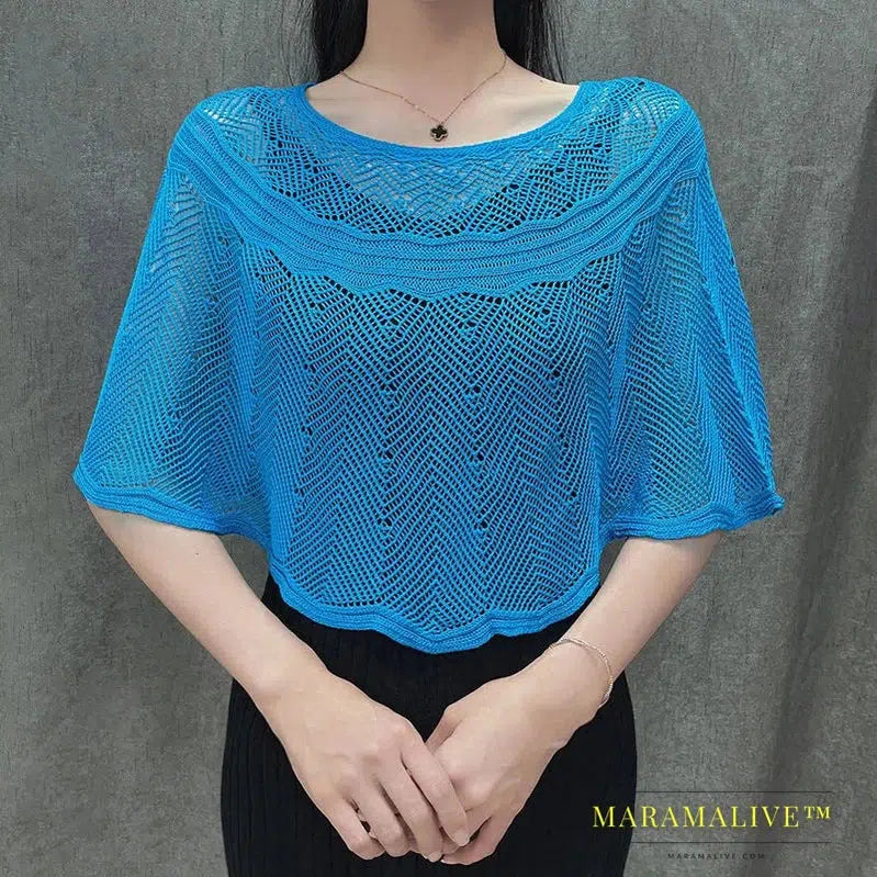 Ice Silk Hollow Knit Sunscreen Shawl Female Summer Air Conditioning Neck Protection Pullover Knit Blouse Women's Cape