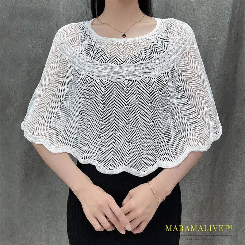 Ice Silk Hollow Knit Sunscreen Shawl Female Summer Air Conditioning Neck Protection Pullover Knit Blouse Women's Cape