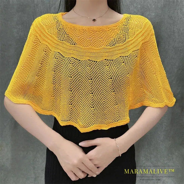 Ice Silk Hollow Knit Sunscreen Shawl Female Summer Air Conditioning Neck Protection Pullover Knit Blouse Women's Cape