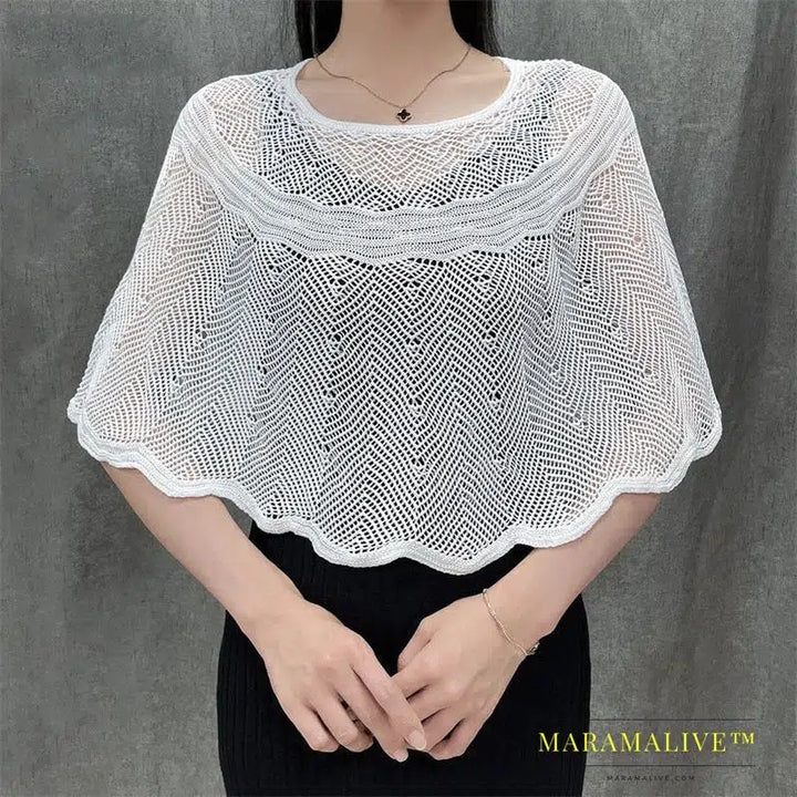 Ice Silk Hollow Knit Sunscreen Shawl Female Summer Air Conditioning Neck Protection Pullover Knit Blouse Women's Cape