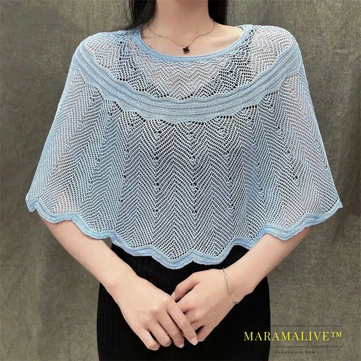 Ice Silk Hollow Knit Sunscreen Shawl Female Summer Air Conditioning Neck Protection Pullover Knit Blouse Women's Cape