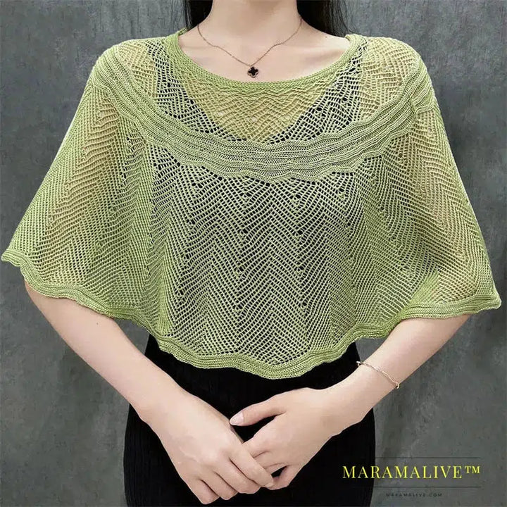 Ice Silk Hollow Knit Sunscreen Shawl Female Summer Air Conditioning Neck Protection Pullover Knit Blouse Women's Cape