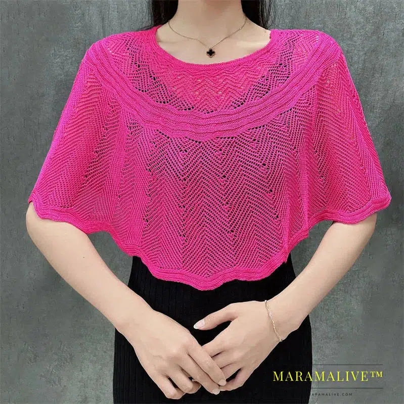 Ice Silk Hollow Knit Sunscreen Shawl Female Summer Air Conditioning Neck Protection Pullover Knit Blouse Women's Cape