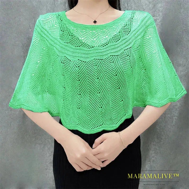 Ice Silk Hollow Knit Sunscreen Shawl Female Summer Air Conditioning Neck Protection Pullover Knit Blouse Women's Cape