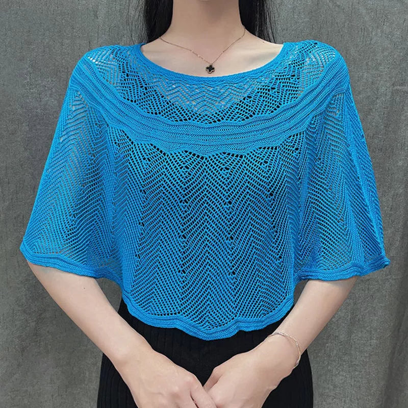 Ice Silk Hollow Knit Sunscreen Shawl Female Summer Air Conditioning Neck Protection Pullover Knit Blouse Women's Cape