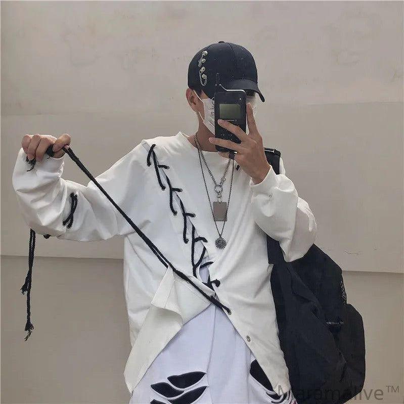 Idopy Japanese Fashion Men`s Street Style Lace Hoodie Punk Loose Fit Pullover Designer Colorful Hip Hop Sweatshirts