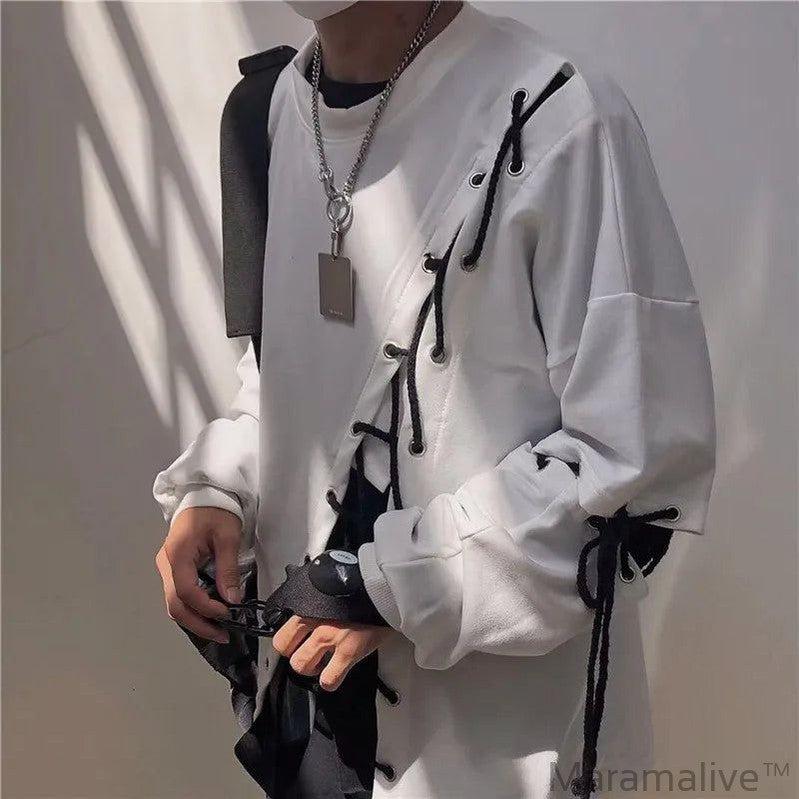 Idopy Japanese Fashion Men`s Street Style Lace Hoodie Punk Loose Fit Pullover Designer Colorful Hip Hop Sweatshirts