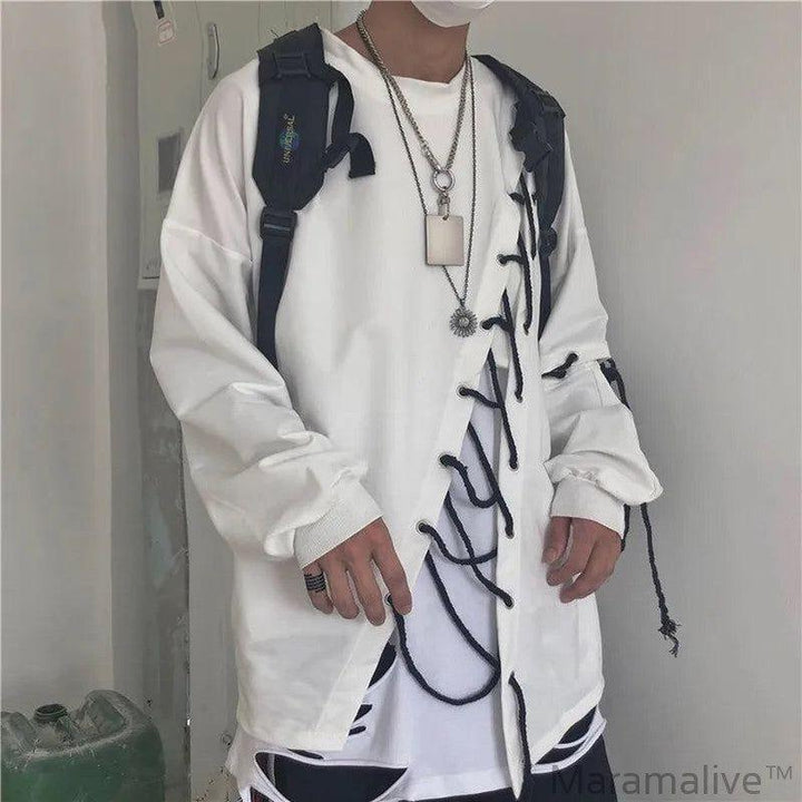 Idopy Japanese Fashion Men`s Street Style Lace Hoodie Punk Loose Fit Pullover Designer Colorful Hip Hop Sweatshirts